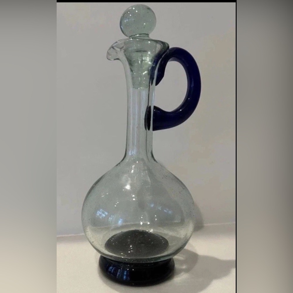 Hand Blown Cobalt And Clear Glass Cruet Bottle With Glass Stopper 7”